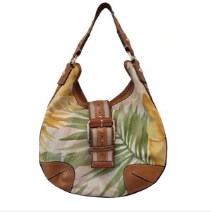 Michael Kors Hobo Bag Canvas Tropical Print Leather Trim Shoulder Purse